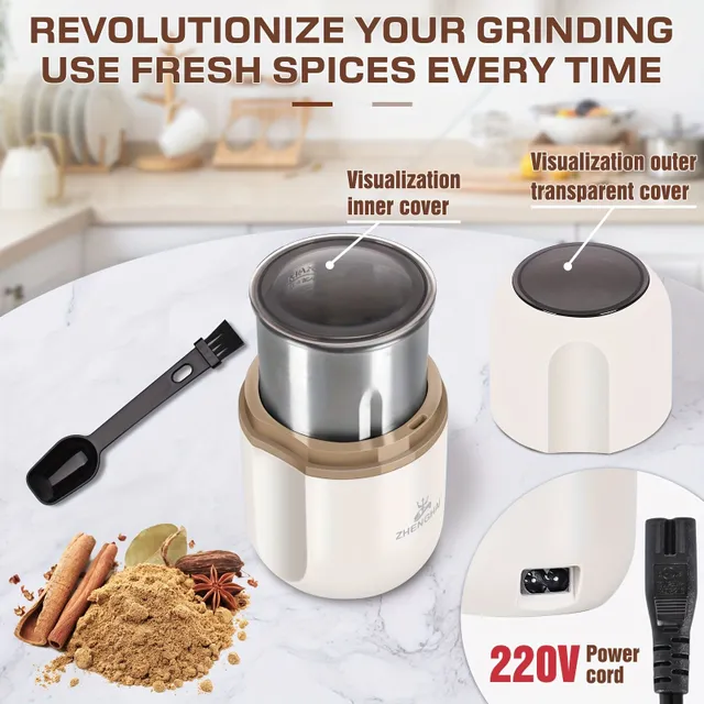 Electric spice grinder, herbs and coffee - 120g, easy control, quick grinding - grain coffee, nuts, spices, herbs, dried flowers. With cleaning brush
