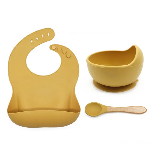 Set de repas en silicone coloré pour enfants - bavoir + bol avec ventouse et cuillère