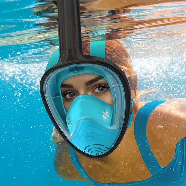 Celotvářová šnorchlovací maska s držákem kamery, 180° panoramatický výhled, protimlžící a nepropustná pro dospělé