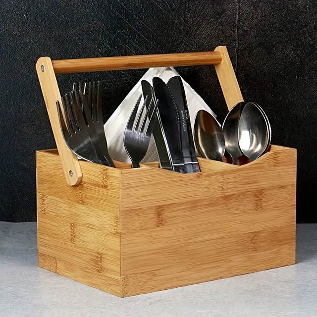 1pc Bamboo cutlery basket with handle - practical storage stand for tools in rustic style