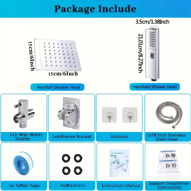Luxury shower set with XXL header 6 functions and hand shower, extra long hose (78 cm), 3-way switch and self-adhesive holder