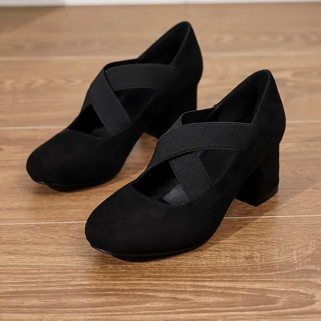 Women's pumps on thick heel, monochrome, with elastic strap, slip-on