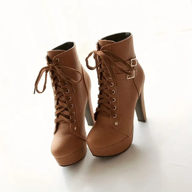 Women's ankle boots on block heel with lace, single color, fashionable and comfortable