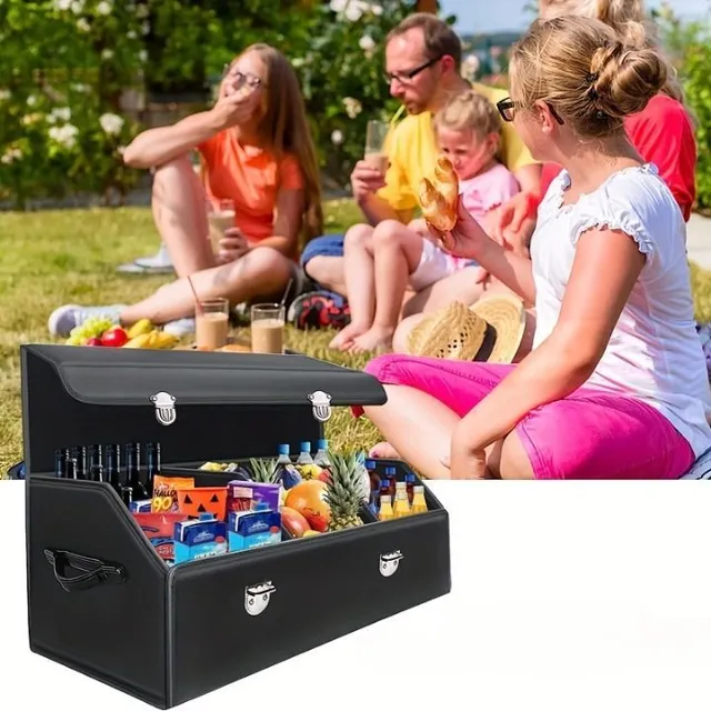 Foldable car boot storage box made of PU leather, 3 compartments, adjustable capacity