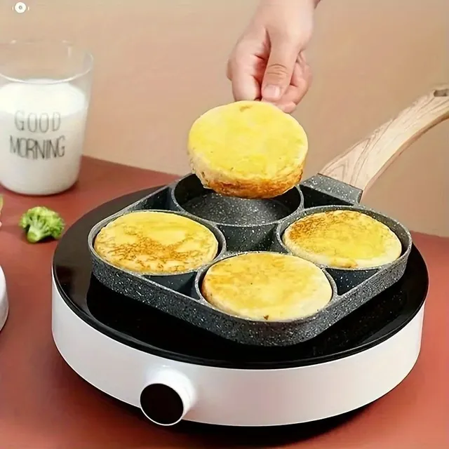 Non-stick pan for pancakes and fried eggs with 4 holes and wooden handles