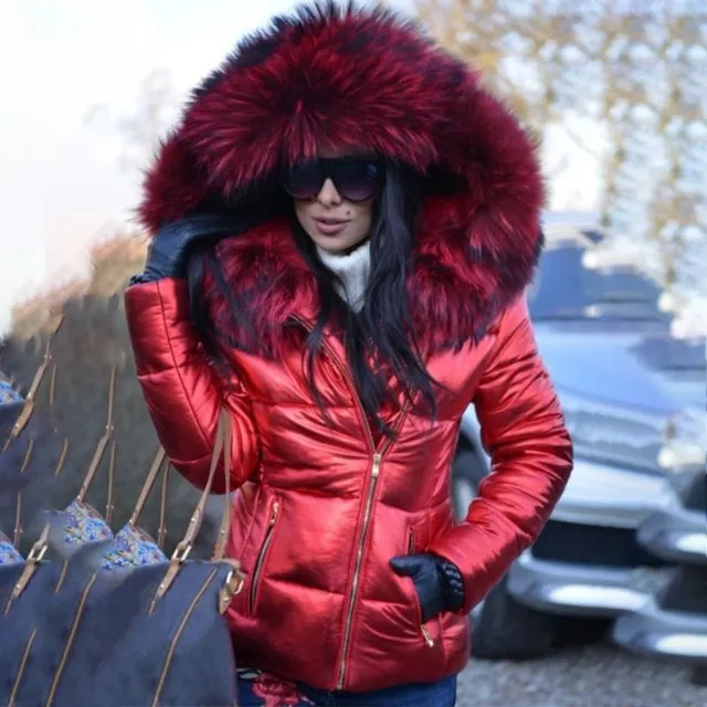 Women's luxury elegant down jacket with large hood decorated with long fur Knight