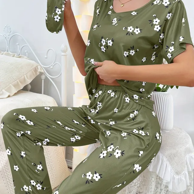 Women's loose pajamas with floral printing, short sleeve and pants - Sleeping and relaxation kit