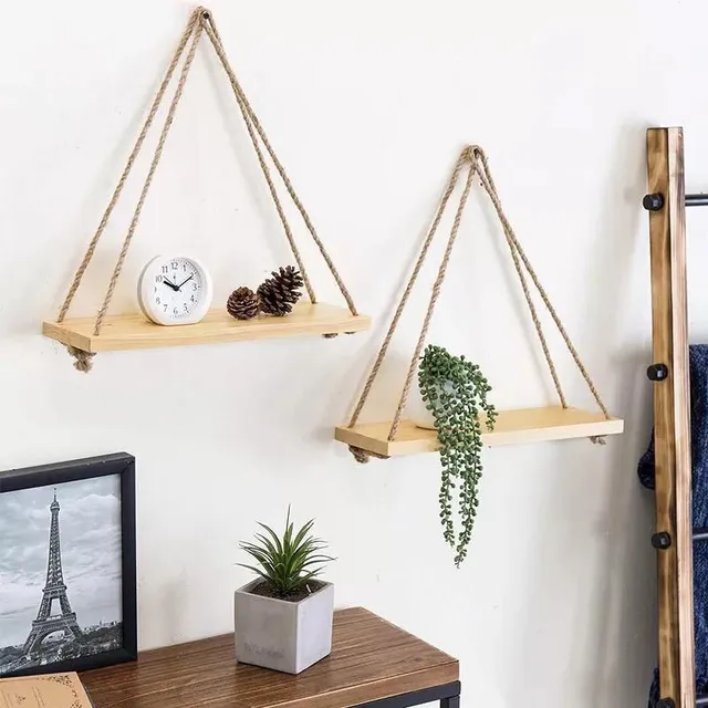 Wooden rope swing wall shelf