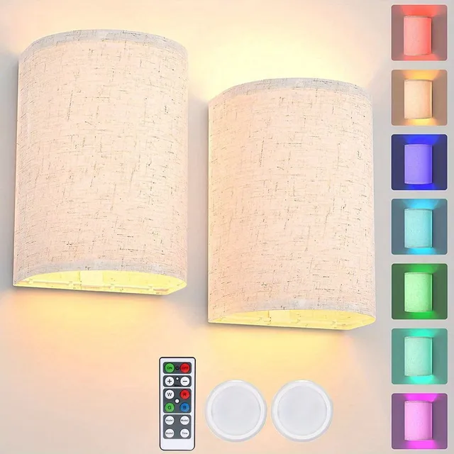 2x Wireless magnetic wall lamp with fabric shade, rechargeable, RGBW colors, remote control, 16 colours, dimmable - Ideal for bedroom, living room, corridor