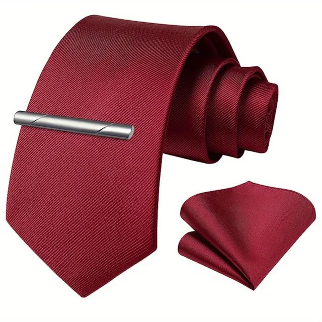 Single-colored men's tie with handkerchief and tie buckle