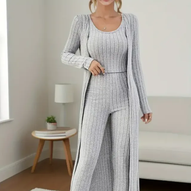 Women's 3-piece ribbed set: shortened top, cardigan with long sleeve and trousers with high waist