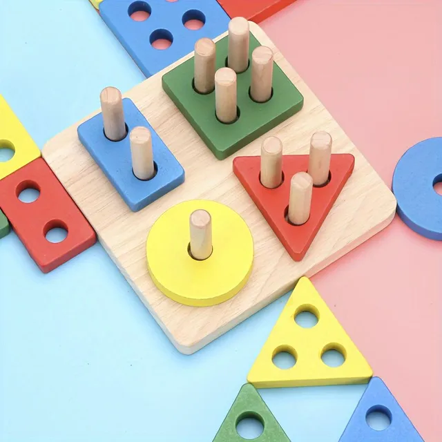 Dřevěná montessori hračka pro děti - geometrické puzzle s náhodnou barvou