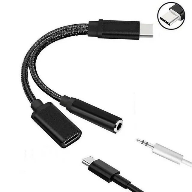 USB-C (m) to 3.5mm jack (f) + USB-C (f) adapter