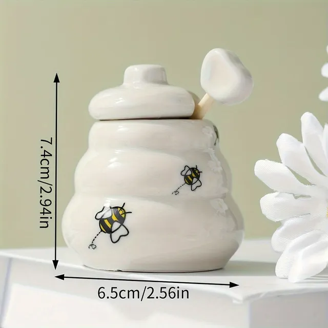 Kids ceramic honey jar with wooden spoon and bee motif - repeatedly usable, multifunctional