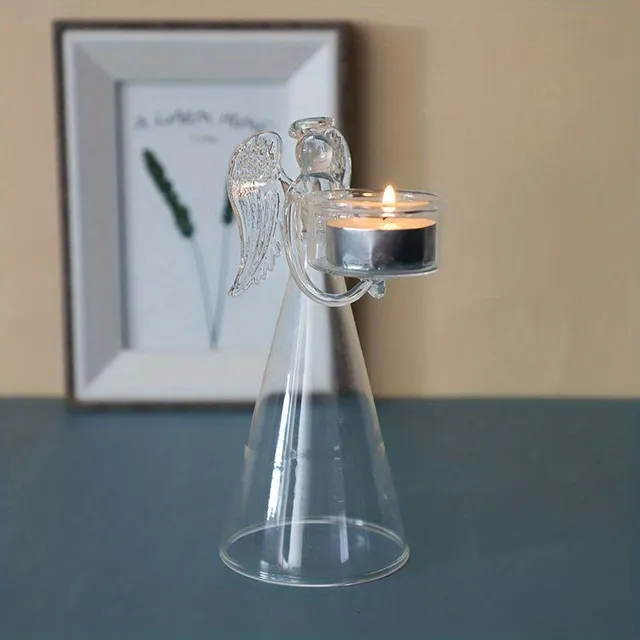 Skleněný svícen s andělem - dekorace na stůl, večeři, svatbu i jaro