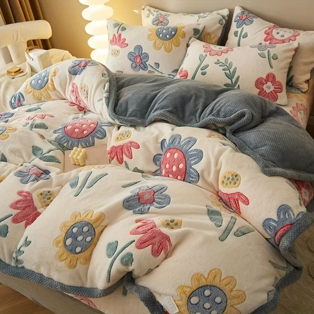 3 part autumn and winter sheets on a teddy bed with a pattern of cartoon sunflowers, two-sided warm fleece bed set