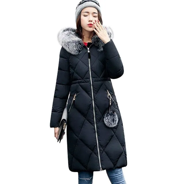 Ladies long winter jacket with pattern and fur - 5 colours