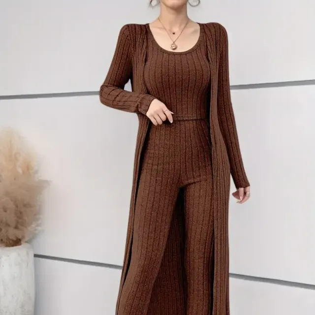 Women's 3-piece ribbed set: shortened top, cardigan with long sleeve and trousers with high waist