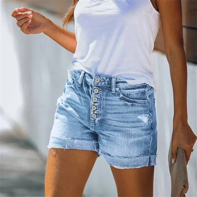 Women's sexy denim shorts decorated with buttons