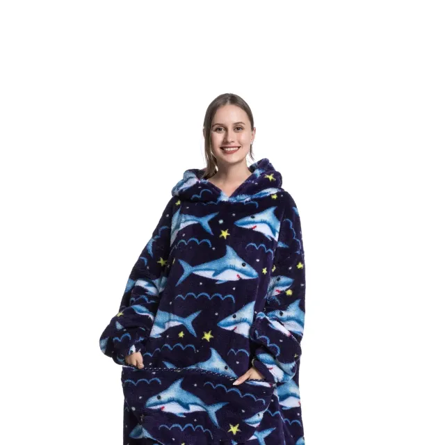 Nositelná deka s kapucí z plyše a sherpa fleece pro dospělé
