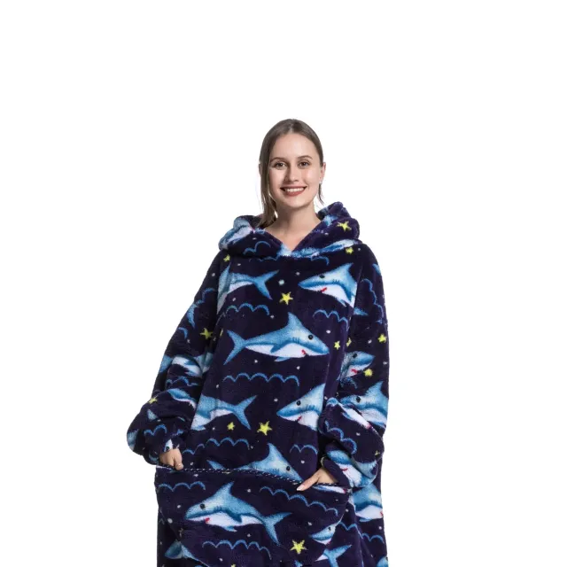 Wearable blanket with hood of stuffed animal and sherpa fleece for adults