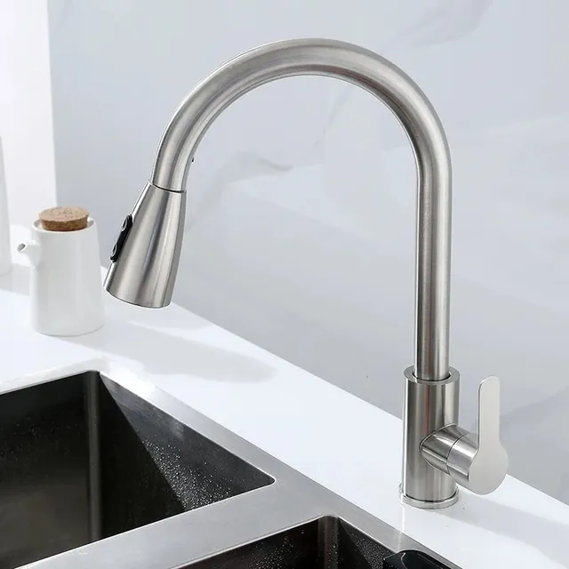 Kitchen sink mixer, stainless steel, pull-out, 360° swivel, with lever control for hot and cold water - splash protection