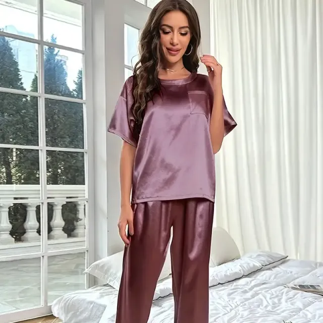 Pyjama en satin pour femme, ensemble à manches courtes et pantalons longs