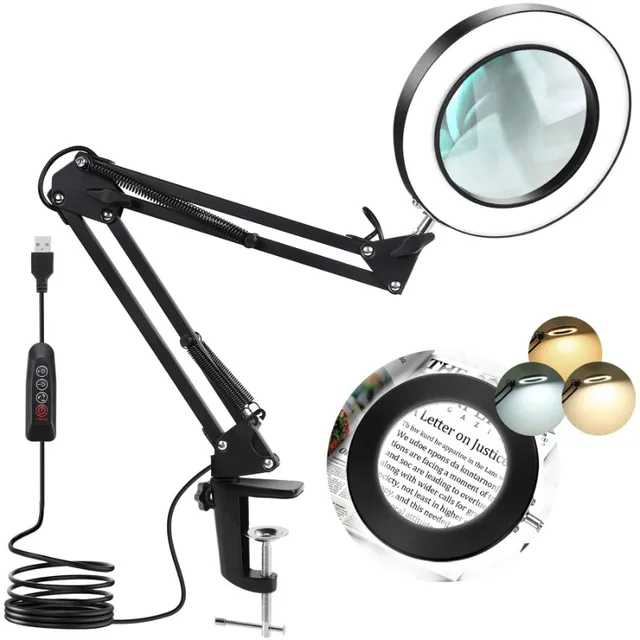 Flexible table lamp with magnifying glass 5x, adjustable arm, LED lighting and 3 light modes