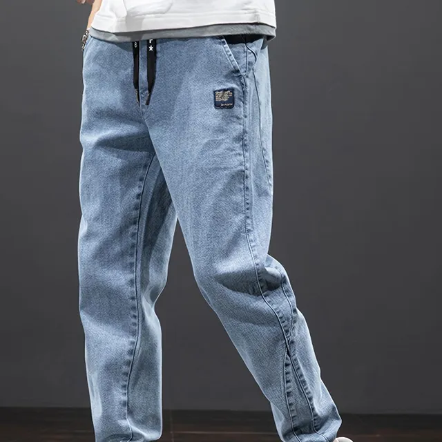 Men's denim joggers with pockets, comfortable string cotton pants for leisure and outdoor activities