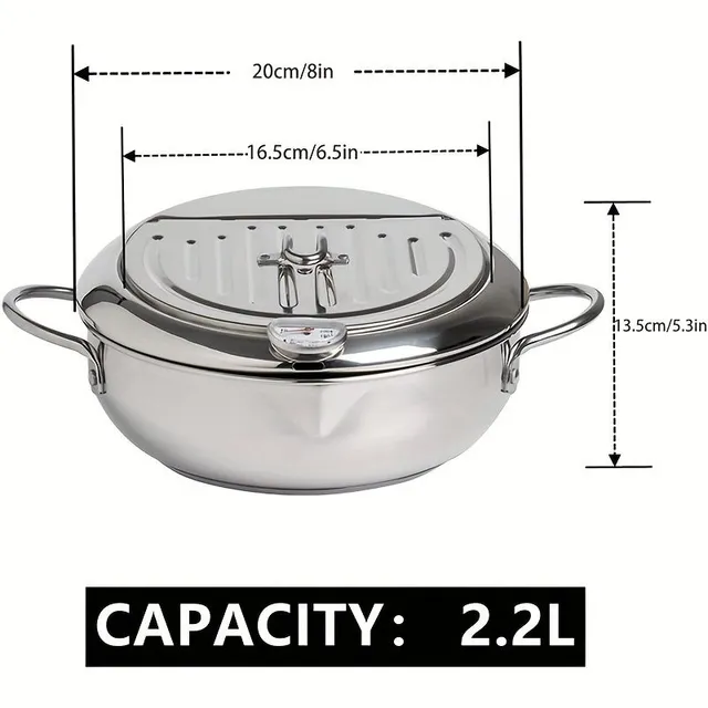 Deep frying pot with thermometer and lid - stainless steel, Japanese style