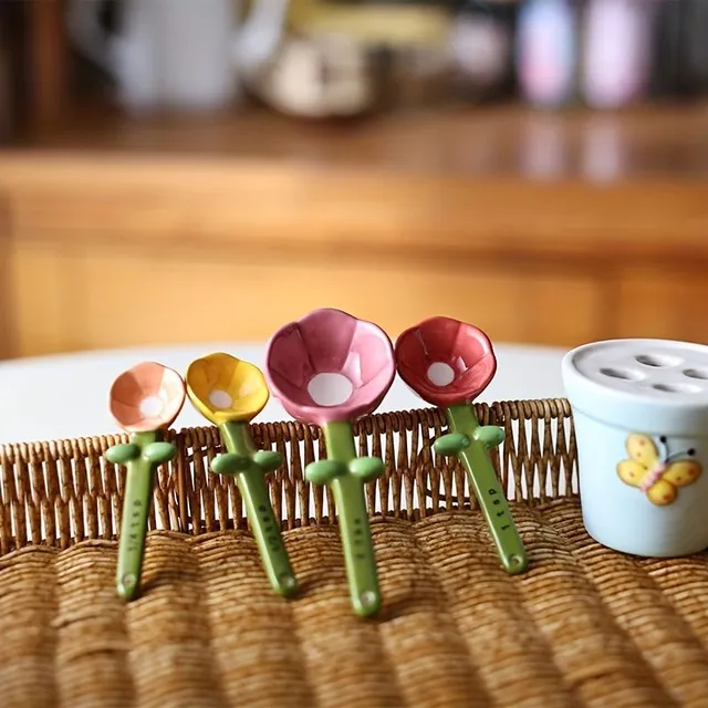 Cute set of ceramic measuring cups with motif butterfly and flower - ideal for baking, desserts & spices