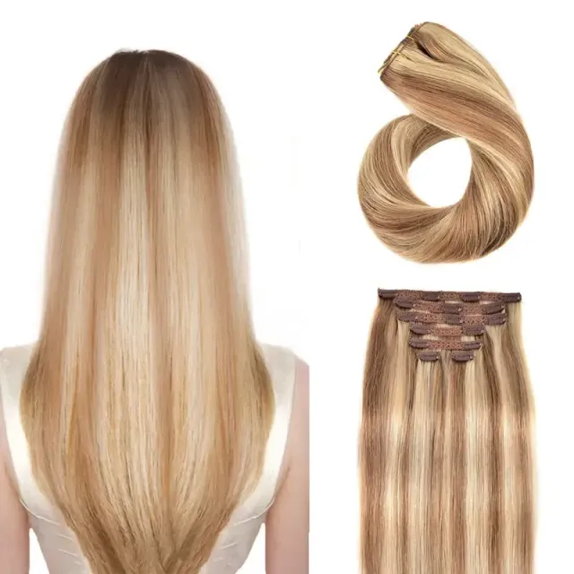 Extensions de cheveux naturels à clip pour femmes et filles - lisses, Remy, pour un usage quotidien