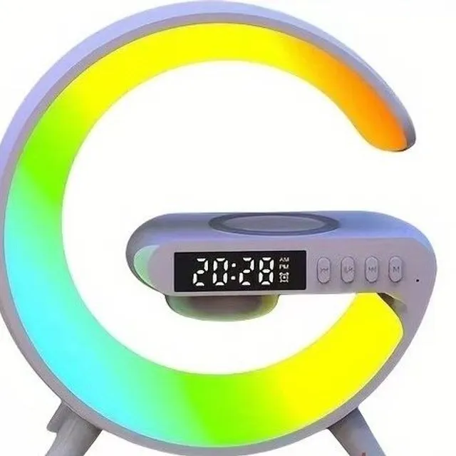 Altoparlante Wireless LED Luce Notturna, Lampada da Tavolo con Ricarica Wireless, Sveglia al Tramonto, Orologio Aurora, Regalo Creativo (senza Adattatore)