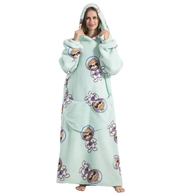 Wearable blanket with hood of stuffed animal and sherpa fleece for adults