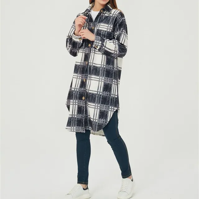 Long plaid coat with long sleeves in wool blend khaki1 xl