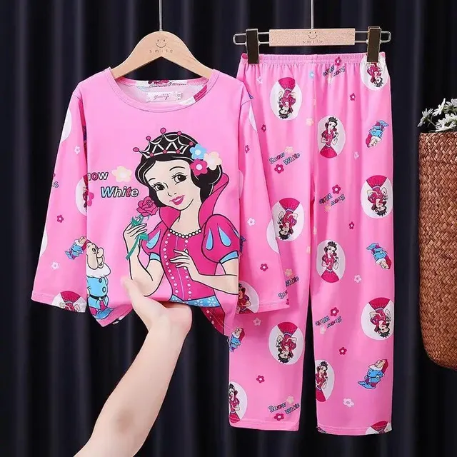 Girls' pajamas with cartoon pattern, round neckline and long sleeve P12 7T