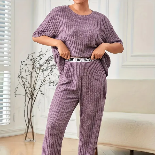 Women's two-piece set, single-colour ribbed knit, short sleeves, round neckline and trousers with hem