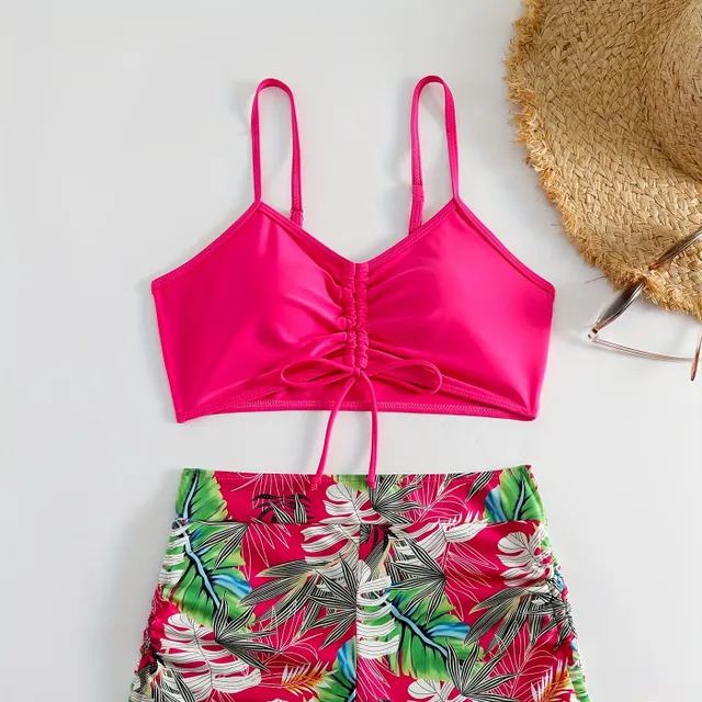 Two-piece swimsuits with high waist and pattern of tropical leaves - panties with higher cut, strap for tying - women's swimsuits