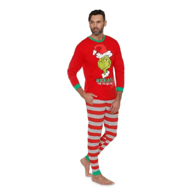 Christmas family pyjamas with cheerful Grinch print