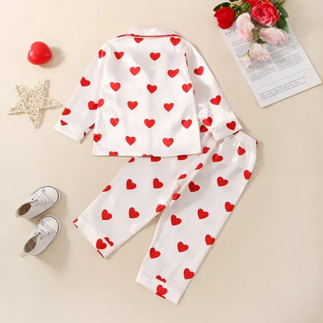 Children's Pajama Set with Heart Printing - Long Sleeve, Button Clamping, Top and Pants - Children's Homewear, Nightwear