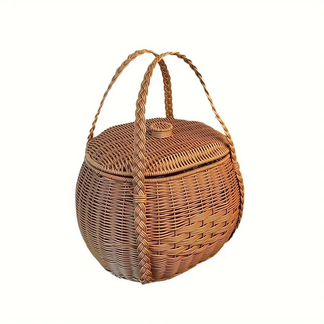 Picnic basket of rustic appearance made of knitted plastic with handles - durable and light for camping and meeting