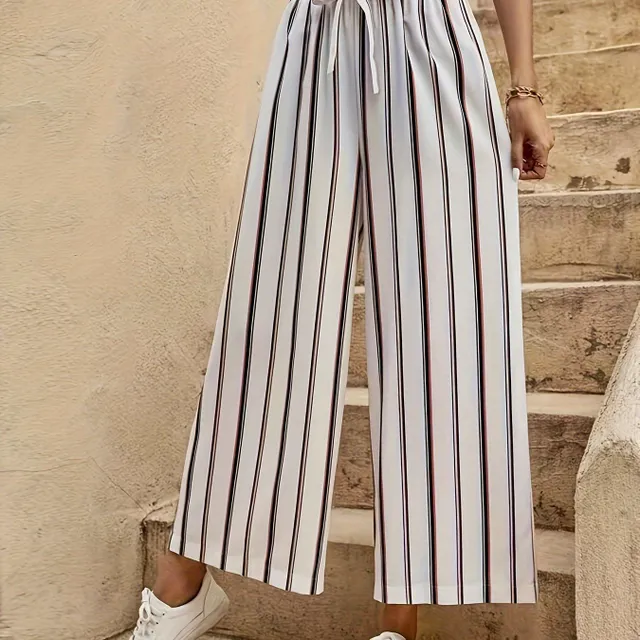 Lazy trousers with high waist, wide pants and stripes, with cord in the waist