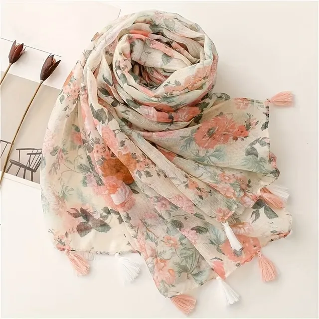 Light summer scarf with fringes and floral pattern