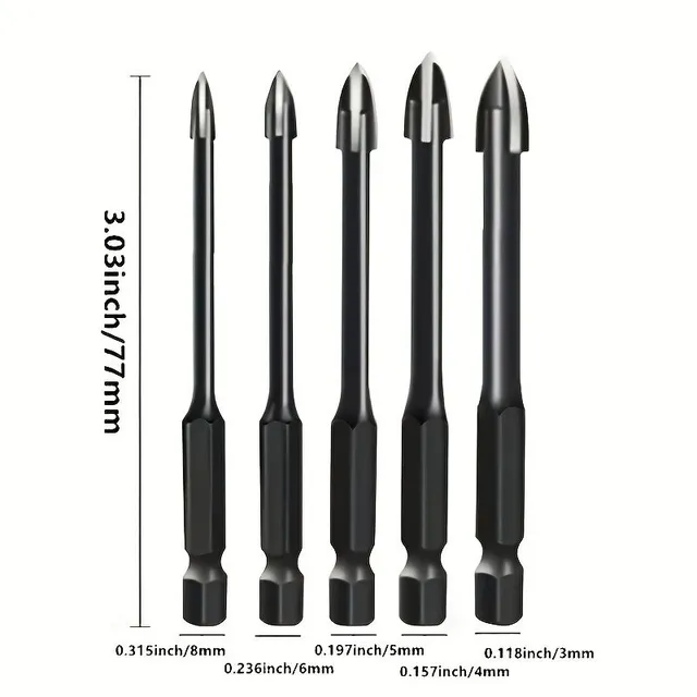 Universal drill with cross grinding - 5 pcs set, 3/4/5/6/8 mm, hard metal, for glass, ceramics, wood