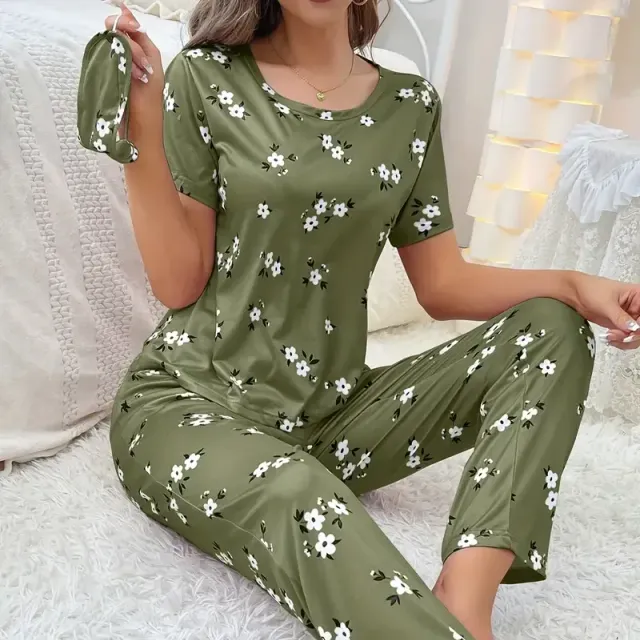 Women's loose pajamas with floral printing, short sleeve and pants - Sleeping and relaxation kit