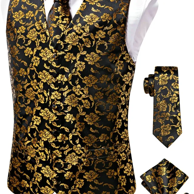 Male vintage sleeveless vest with elegant cut and floral pattern, formal set - vest, tie, cuff links and handkerchiefs