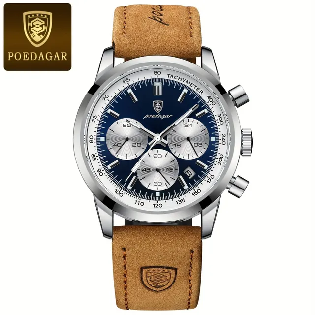 Men's chronograph watch business/free time quartz with luminance, analog, with PU leather strap, with data indicator