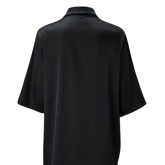 Women's long nightdress top - monochrome, with buttons at the lapel, smooth, with short sleeves