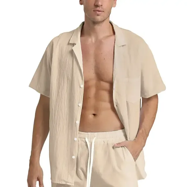 Mužský 2dílný letní set z bavlny a lnu - krátký rukáv a šortky