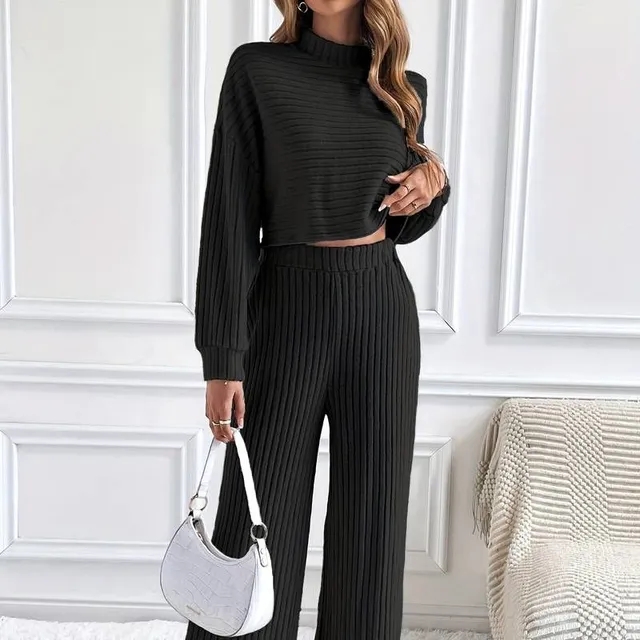 Knitted two-piece set: long sleeve crop top and trousers with elastic waist - women's clothing